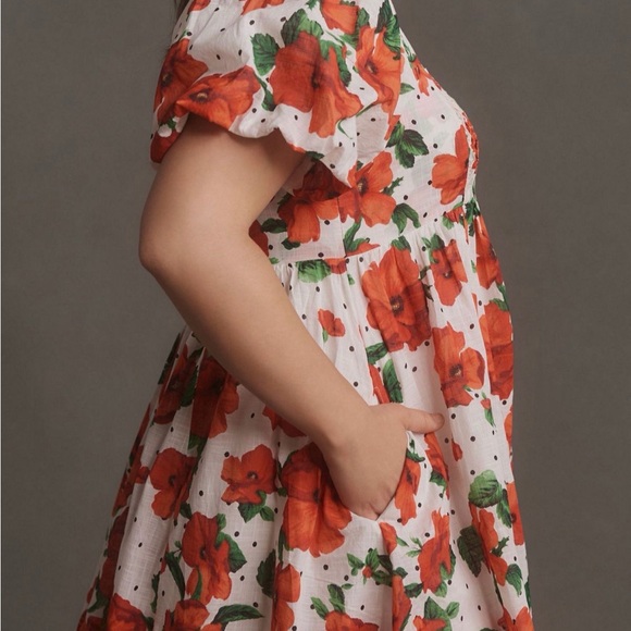 Great condition size M Maeve Red and White Floral Mini Dress. Babydoll. Smocked - Picture 2 of 16